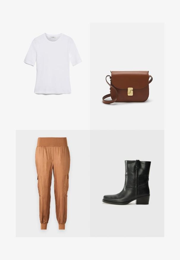 Balta trumpa rankovėmis marškinėliai, pagaminti iš pasiruošusio audinio. Apvali iškirptė, reguliari tinkamumas ir subtilūs siuvimo detalės. Be raštų ar grafikos.; Rudos satino cargo kelnės su elastinga juosmens juosta, šoninėmis kišenėmis ir siaurėjimais. Lygus paviršius ir lengvas audinys.; Juodi odiniai aulinukai iki kulkšnies su apvali nosimi, blokuotais kulnais, šonine užtrauktuku ir siuvimo akcentais ant viršutinės dalies. Lygi tekstūra, klasikinis dizainas.; Ruda odinė rankinė su uždaromu dangteliu, aukso spalvos detalėmis, petneša ir lygiu paviršiumi. Kompaktiška stačiakampio formos.