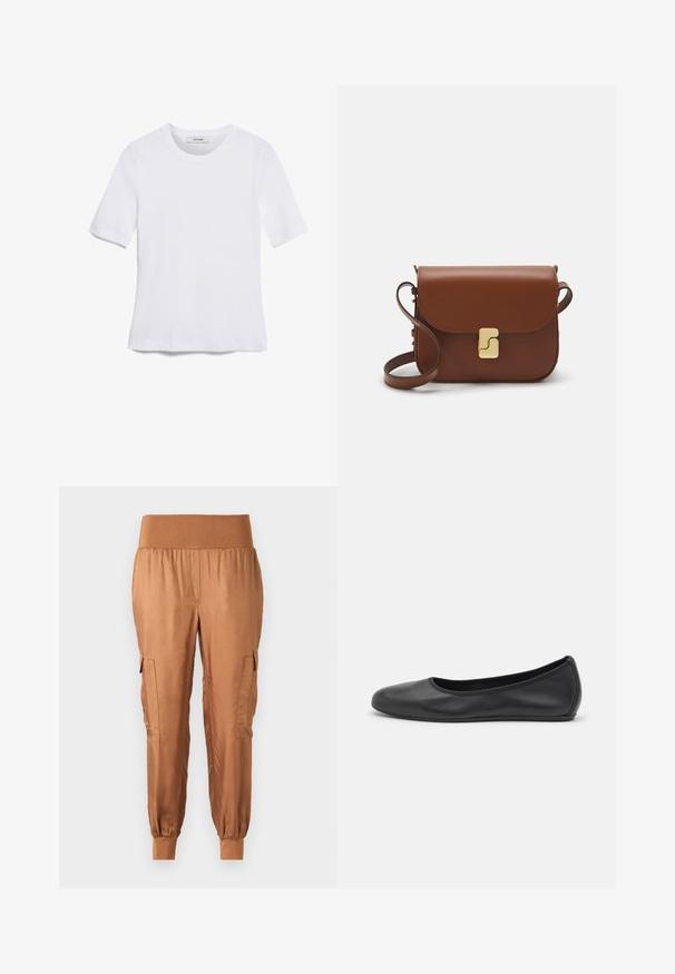 White short-sleeve t-shirt made of ribbed fabric. Round neckline, regular fit, and subtle stitching details. No patterns or graphics.; Brown satin cargo pants with an elastic waistband, side pockets, and tapered cuffs. Smooth texture and lightweight fabric.; Black leather ballet flat with a rounded toe, smooth texture, minimal stitching detail, and a flexible sole design.; Brown leather handbag with a flap closure, gold-tone hardware, a shoulder strap, and a smooth texture. Compact rectangular shape.