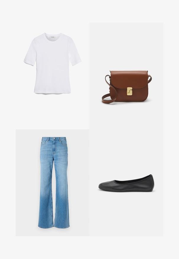 Bijela majica s kratkim rukavima izrađena od rebraste tkanine. Okrugli izrez, klasičan kroj i suptilni detalji šivanja. Bez uzoraka ili grafika.; Svijetloplave traper široke hlače viskog struka, s ukrasnim šavovima i kopčanjem na dugme. Glatka tekstura i blago izbljeđivanje.; Crne kožne baletanke s zaobljenim vrhom, glatke teksture, minimalnim detaljima šavova i fleksibilnim dizajnom potplata.; Smeđa kožna torba s preklopom, zlatnim detaljima, remenom za nošenje preko ramena i glatkom teksturom. Kompaktni pravokutni oblik.