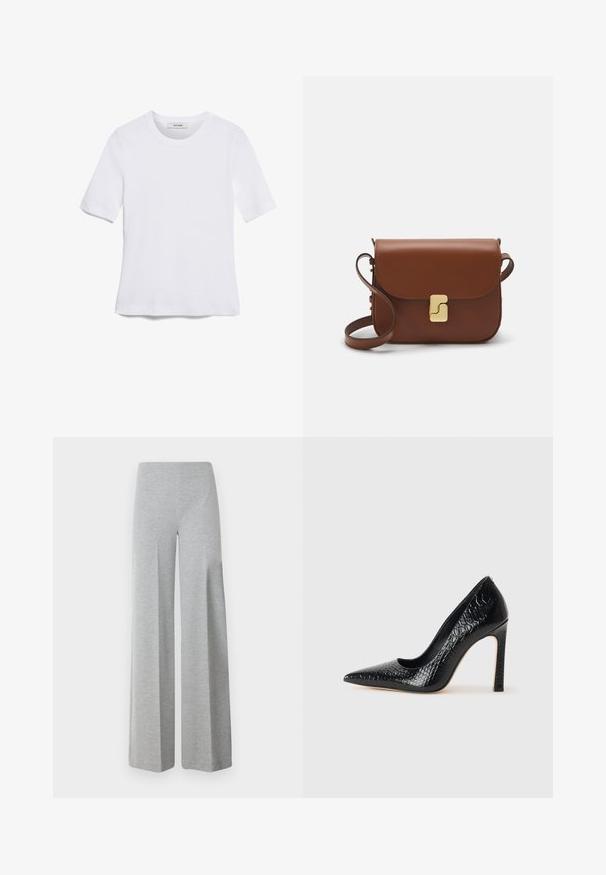 Weißes kurzärmliges T-Shirt aus geripptem Stoff. Runder Halsausschnitt, normale Passform und dezente Nähte. Keine Muster oder Grafiken.; Graue, weit geschnittene Hosen aus weichem, elastischem Stoff. Sie haben eine hohe Taille und ein glattes, minimales Design ohne zusätzliche Details.; Schwarzer, spitz zulaufender High Heel mit Krokodilleder-Struktur, elegantem Design, hohem Stiletto-Absatz und glattem schwarzen Innenraum.; Braune Ledertasche mit Klappenverschluss, Beschlägen in Goldfarbe, einem Schultergurt und einer glatten Oberfläche. Kompakte rechteckige Form.