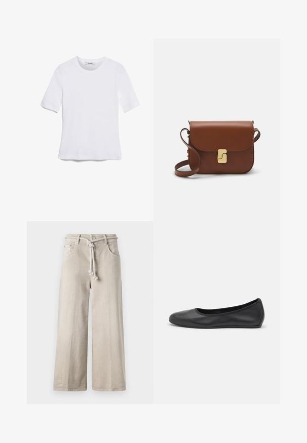 Valkoinen lyhythihainen t-paita, joka on valmistettu ribbytedusta kankaasta. Pyöreä pääntiie, normaali istuvuus ja hienovaraiset ompeluyksityiskohdat. Ei kuvioita tai grafiikkaa.; CLOSED LYNA - Relaxed fit -farkut - beige; Musta nahkainen ballerina, jossa on pyöristetty kärki, sileä pinta, minimaalinen ommelkoristelu ja joustava pohjamuotoilu.; Ruskea nahkainen käsilaukku, jossa on läppäkiinnitys, kultasävyiset yksityiskohdat, olkahihna ja sileä pinta. Kompaktin suorakaiteen muotoinen.