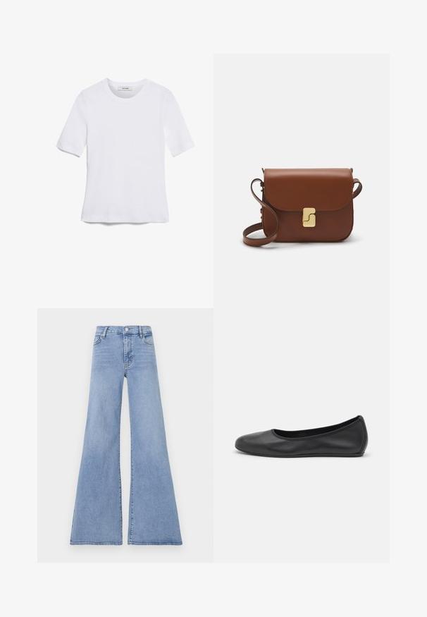 Valkoinen lyhythihainen t-paita, joka on valmistettu ribbytedusta kankaasta. Pyöreä pääntiie, normaali istuvuus ja hienovaraiset ompeluyksityiskohdat. Ei kuvioita tai grafiikkaa.; Vaaleansiniset leveälahkeiset farkut, joissa on korkea vyötärö, viisi taskua ja hienovaraiset tikkaustiedot saumoissa.; Musta nahkainen ballerina, jossa on pyöristetty kärki, sileä pinta, minimaalinen ommelkoristelu ja joustava pohjamuotoilu.; Ruskea nahkainen käsilaukku, jossa on läppäkiinnitys, kultasävyiset yksityiskohdat, olkahihna ja sileä pinta. Kompaktin suorakaiteen muotoinen.