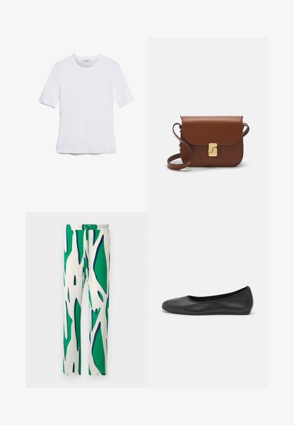 Fehér, rövid ujjú póló ribbed anyagból. Kerek nyakkivágás, normál szabás és diszkrét varrási részletek. Nincsenek minták vagy grafikák.; Fehér nadrág merész zöld és tengerészkék absztrakt mintával. Egyenes lábbal tervezve, gombos záródással.; Fekete bőr balettcipő lekerekített orral, sima tekstúrával, minimális varrással és rugalmas talp kialakítással.; Barna bőr kézitáska, hajtókás zárással, arany színű fém kiegészítőkkel, vállpánttal és sima felülettel. Kompakt téglalap alakú.
