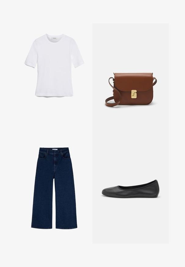 Biała koszulka krótki rękaw wykonana z materiału prążkowanego. Okrągły dekolt, regularny krój i subtelne detale szwów. Bez wzorów ani grafik.; Scalpers - Jeansy Relaxed Fit; Czarne skórzane baletki z zaokrąglonym noskiem, gładką fakturą, minimalnymi przeszyciami i elastycznym designem podeszwy.; Brązowa skórzana torebka na ramię z klapką, złotymi detalami, paskiem na ramię i gładką teksturą. Kompaktowy prostokątny kształt.