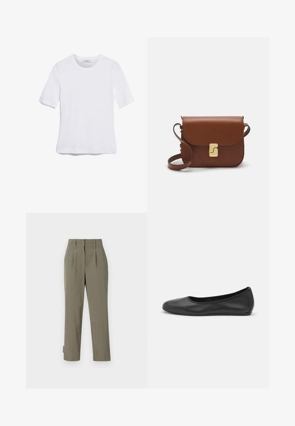 Weißes kurzärmliges T-Shirt aus geripptem Stoff. Runder Halsausschnitt, normale Passform und dezente Nähte. Keine Muster oder Grafiken.; Khaki-Hosen aus leichtem Stoff, mit hoher Taille, Falten und geraden Beinen. Minimalistisches Design ohne sichtbare Hardware.; Schwarze Leder-Ballettschuhe mit abgerundeter Spitze, glatter Textur, minimalen Nähdetails und einem flexiblen Sohlen-Design.; Braune Ledertasche mit Klappenverschluss, Beschlägen in Goldfarbe, einem Schultergurt und einer glatten Oberfläche. Kompakte rechteckige Form.