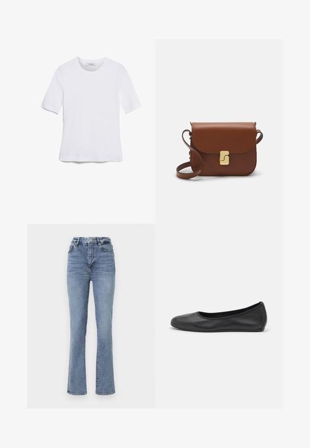 White short-sleeve t-shirt made of ribbed fabric. Round neckline, regular fit, and subtle stitching details. No patterns or graphics.; High-waisted blue denim jeans with a straight-leg design, featuring a classic five-pocket style and subtle stitching accents.; Black leather ballet flat with a rounded toe, smooth texture, minimal stitching detail, and a flexible sole design.; Brown leather handbag with a flap closure, gold-tone hardware, a shoulder strap, and a smooth texture. Compact rectangular shape.