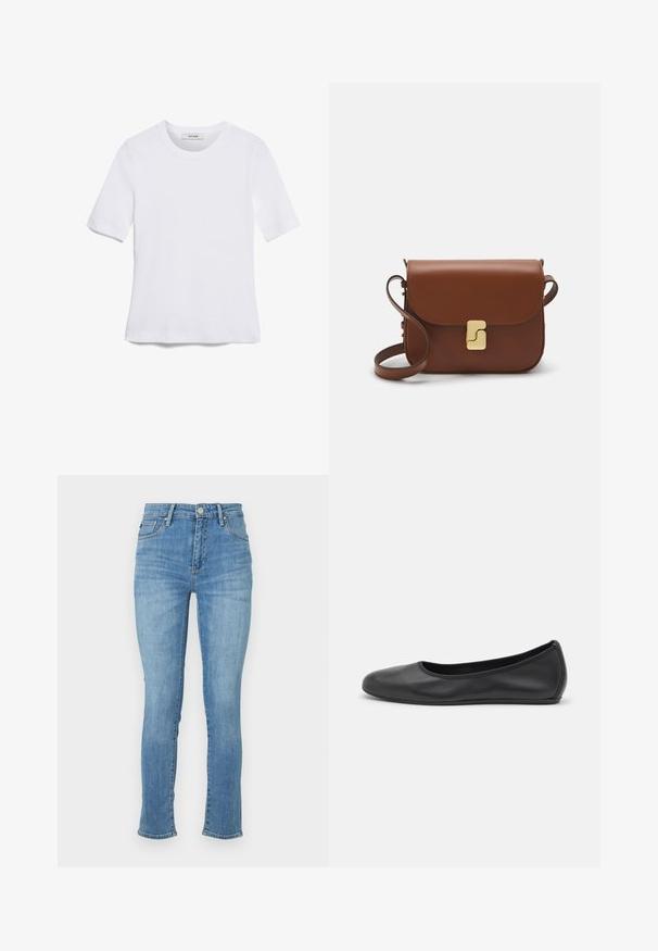 Camiseta de manga corta blanca hecha de tela de canalé. Cuello redondo, corte regular y detalles de costura sutiles. Sin patrones ni gráficos.; Vaqueros de mezclilla azul claro con un ajuste slim, cintura a media altura, diseño de cinco bolsillos y un ligero desgastado en los muslos, con detalles de costura.; Bailarina de piel negra con punta redondeada, textura suave, detalle de costura minimalista y diseño de suela flexible.; Bolso de mano de cuero marrón con cierre de solapa, herrajes en tono dorado, correa para el hombro y una textura suave. Forma rectangular compacta.