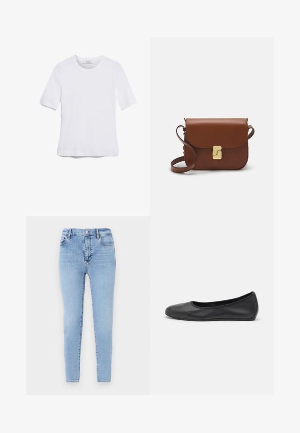 Camiseta de manga corta blanca hecha de tela de canalé. Cuello redondo, corte regular y detalles de costura sutiles. Sin patrones ni gráficos.; Jeans de tiro alto en azul claro, con un corte ajustado. Están fabricados en denim con una sutil textura, cuentan con cierre de botón en la parte delantera y bolsillos traseros.; Bailarina de piel negra con punta redondeada, textura suave, detalle de costura minimalista y diseño de suela flexible.; Bolso de mano de cuero marrón con cierre de solapa, herrajes en tono dorado, correa para el hombro y una textura suave. Forma rectangular compacta.