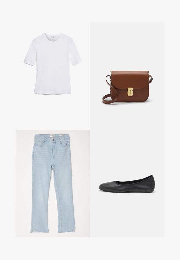 T-shirt blanc à manches courtes en tissu côtelé. Col rond, coupe régulière et détails de couture subtils. Aucune motif ni graphique.; Jean en denim bleu clair avec une coupe droite, dotés d'un ourlet brut, de poches standard et d'une fermeture à bouton. Texture lisse avec un léger délavage.; Ballerines en cuir noir avec un bout rond, texture lisse, détails de couture minimalistes et design de semelle flexible.; Sac à main en cuir marron avec une fermeture à rabat, des accents en métal doré, une bandoulière et une texture lisse. Forme rectangulaire compacte.