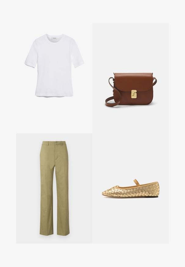 T-shirt blanc à manches courtes en tissu côtelé. Col rond, coupe régulière et détails de couture subtils. Aucune motif ni graphique.; Pantalons khaki en mélange de coton, avec une coupe droite, des coutures visibles et des poches sur les côtés avant.; Loeffler Randall LEONIE SOFT BALLET FLAT - Babies - gold; Sac à main en cuir marron avec une fermeture à rabat, des accents en métal doré, une bandoulière et une texture lisse. Forme rectangulaire compacte.