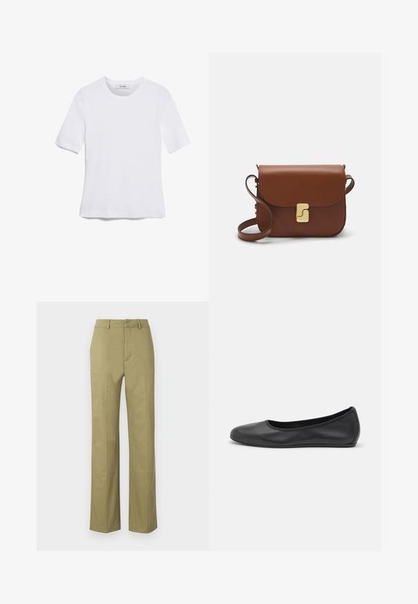 Valge lühikeste varrukatega T-särk ribatud kangast. Ümara kaelusega, tavalisest sobivusest ja peente õmbluse detailidega. Ilma mustrite või graafikateta.; Khaki püksid, mis on valmistatud puuvilla segust, sirge lõikega, nähtavate õmblustega ning ees olevatetaskutega.; Musthave mustika tantsutossud mustast nahast, ümmarguse varbaga, siledast tekstuurist, minimaalse õmblusdetailiga ja paindliku tallakujundusega.; Pruunist nahast käekott, millel on klapiga sulgur, kuldne riistvara, õlarihm ja sile tekstuur. Kompaktne ristkülikukujuline vorm.