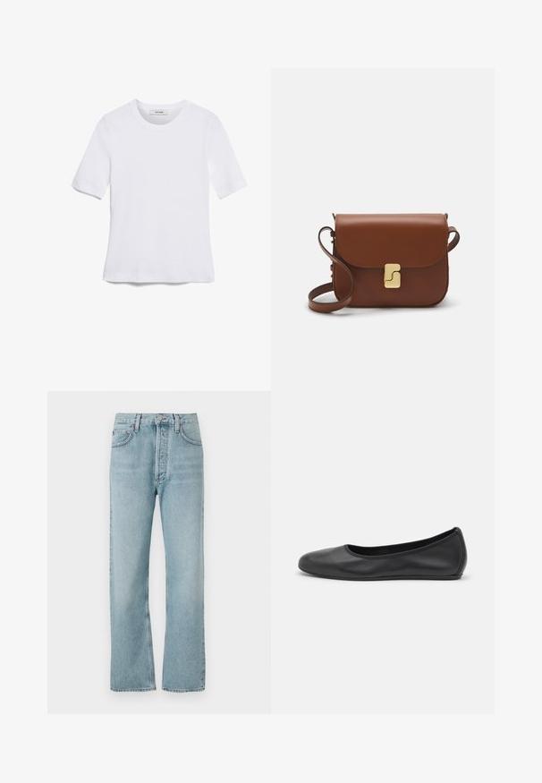 White short-sleeve t-shirt made of ribbed fabric. Round neckline, regular fit, and subtle stitching details. No patterns or graphics.; Light blue denim jeans with a high waist, straight leg design, and subtle fading. Features classic metal button and five-pocket style.; Black leather ballet flat with a rounded toe, smooth texture, minimal stitching detail, and a flexible sole design.; Brown leather handbag with a flap closure, gold-tone hardware, a shoulder strap, and a smooth texture. Compact rectangular shape.