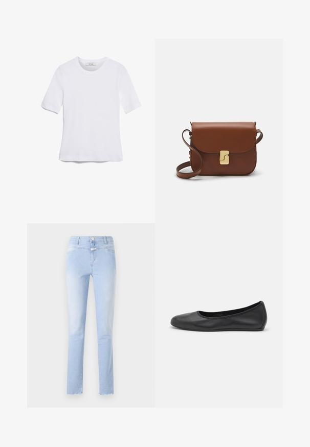 Fehér, rövid ujjú póló ribbed anyagból. Kerek nyakkivágás, normál szabás és diszkrét varrási részletek. Nincsenek minták vagy grafikák.; Világoskék farmernadrág egyenes szabással, halványított mosással, öt zsebes kialakítással, enyhe sérülésekkel az alsó szegésnél és elülső gombos záródással.; Fekete bőr balettcipő lekerekített orral, sima tekstúrával, minimális varrással és rugalmas talp kialakítással.; Barna bőr kézitáska, hajtókás zárással, arany színű fém kiegészítőkkel, vállpánttal és sima felülettel. Kompakt téglalap alakú.