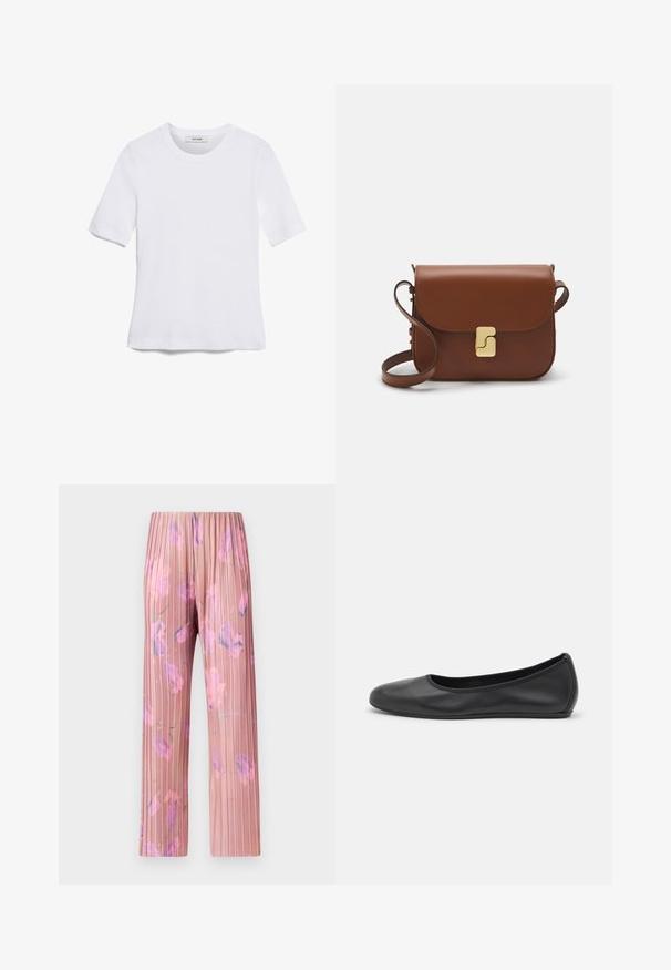 Bela kratka majica s kratkimi rokavi iz rebrastega materiala. Okrogla ovratnica, običajen kroj in subtilni šivi. Brez vzorcev ali grafik.; MAX&Co. TOSCA - Hlače - pastel rose; Črne usnjene balerinke z zaobljenim nosom, gladko teksturo, minimalnimi šivi in fleksibilno zasnovo podplata.; Rjava usnjena torbica s poklopcem, zlato obarvani okovi, naramnica in gladka tekstura. Kompaktna pravokotna oblika.