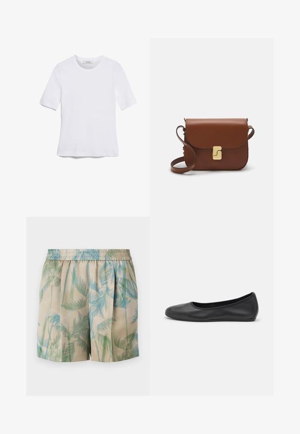 T-shirt blanc à manches courtes en tissu côtelé. Col rond, coupe régulière et détails de couture subtils. Aucune motif ni graphique.; Shorts en tissu léger présentant un fond beige avec des motifs de feuilles de palmier bleues et vertes, une taille élastique et un design plissé.; Ballerines en cuir noir avec un bout rond, texture lisse, détails de couture minimalistes et design de semelle flexible.; Sac à main en cuir marron avec une fermeture à rabat, des accents en métal doré, une bandoulière et une texture lisse. Forme rectangulaire compacte.