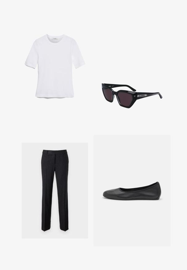T-shirt bianca a maniche corte realizzata in tessuto a costine. Collo rotondo, vestibilità regolare e dettagli di cucitura sottili. Senza motivi o grafiche.; Pantaloni neri a righe sottili realizzati in tessuto testurizzato. Presentano un davanti piatto, passanti per cintura e gambe dritte. Nessun hardware o accentuazione visibile.; Pantofole da balletto nere in pelle con punta arrotondata, texture liscia, dettagli di cucitura minimi e design con suola flessibile.; Occhiali da sole neri con design a occhio di gatto, dotati di lenti scure, finitura lucida e sottili accenti del logo sulle asticelle.