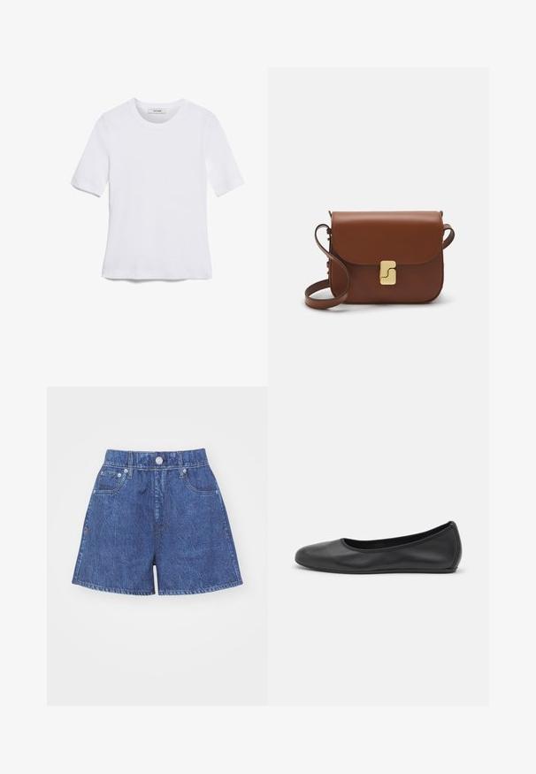 T-shirt bianca a maniche corte realizzata in tessuto a costine. Collo rotondo, vestibilità regolare e dettagli di cucitura sottili. Senza motivi o grafiche.; Shorts in denim blu scuro con vita alta, dotati di chiusura con bottone, due tasche anteriori e dettagli di cucitura all'orlo.; Pantofole da balletto nere in pelle con punta arrotondata, texture liscia, dettagli di cucitura minimi e design con suola flessibile.; Borsa a tracolla in pelle marrone con chiusura a pattina, hardware color oro, tracolla e una finitura liscia. Forma rettangolare compatta.