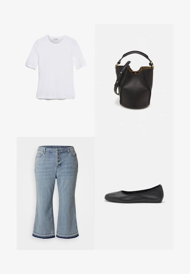 Bílá tričko s krátkým rukávem vyrobené z žebrované tkaniny. Kulatý výstřih, normální střih a jemné detaily šití. Bez vzorů nebo grafik.; Světlé modré džínové culottes s vysokým pasem, uzavíráním na pět knoflíků, bočními kapsami a roztrhanými lemy. Navrženo pro volný střih.; Černé kožené baletní byty s kulatou špičkou, hladkou texturou, minimálními švy a flexibilním designem podrážky.; Černá kožená kabelka ve tvaru vědra s texturovaným povrchem, zlatými kovovými akcenty a otevřeným vrchem. Obsahuje krátkou rukojeť a nastavitelný ramenní popruh.