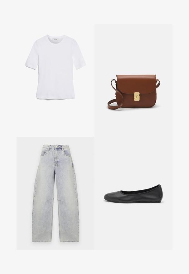 T-shirt de manga curta branca feita de tecido canelado. Decote redondo, ajuste regular e detalhes de costura subtis. Sem padrões ou gráficos.; Calças de ganga largas de cor azul claro com cintura alta, pernas largas, textura desbotada e detalhes de costura visíveis. Apresentam bolsos frontais e fecho de botão.; Bailarina preta em pele com bico arredondado, textura suave, detalhe de costura minimalista e design de sola flexível.; Bolsa de couro castanho com fecho de aba, decoração em tom dourado, alça de ombro e textura suave. Formato retangular compacto.