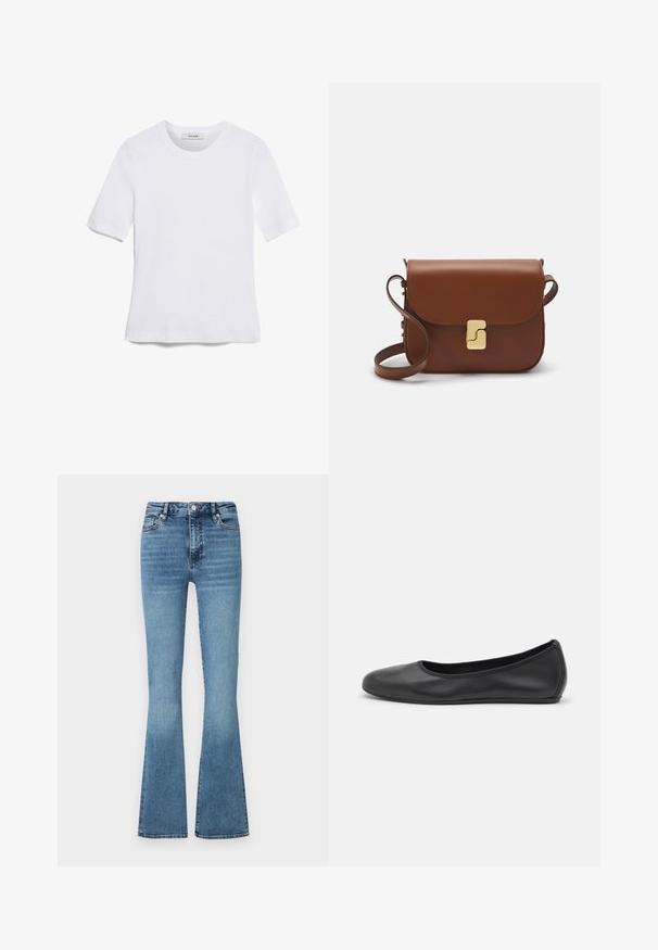 T-shirt blanc à manches courtes en tissu côtelé. Col rond, coupe régulière et détails de couture subtils. Aucune motif ni graphique.; Jean en denim évasés dans un lavage bleu clair ; comprenant une taille haute, des coutures piquées et un léger dégradé en bas des jambes.; Ballerines en cuir noir avec un bout rond, texture lisse, détails de couture minimalistes et design de semelle flexible.; Sac à main en cuir marron avec une fermeture à rabat, des accents en métal doré, une bandoulière et une texture lisse. Forme rectangulaire compacte.