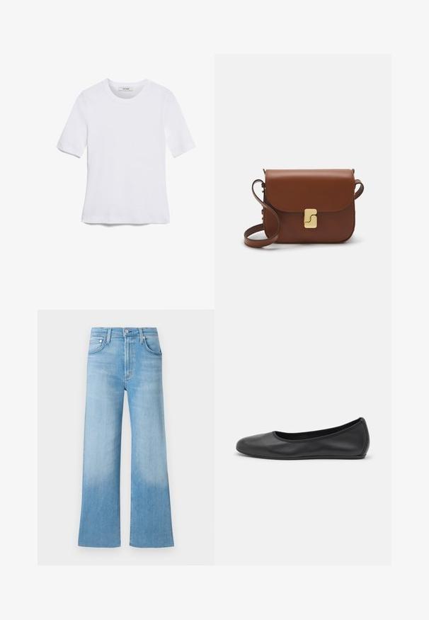 T-shirt de manga curta branca feita de tecido canelado. Decote redondo, ajuste regular e detalhes de costura subtis. Sem padrões ou gráficos.; Uns calças de ganga de perna larga em denim azul claro com uma textura desbotada, cintura alta e design tradicional de cinco bolsos. Fecho com botão de metal e fecho de correr.; Bailarina preta em pele com bico arredondado, textura suave, detalhe de costura minimalista e design de sola flexível.; Bolsa de couro castanho com fecho de aba, decoração em tom dourado, alça de ombro e textura suave. Formato retangular compacto.