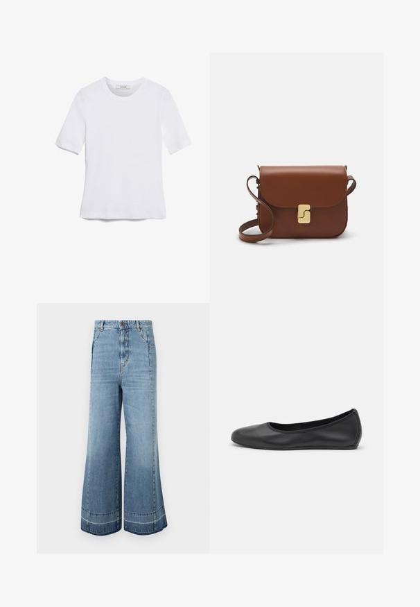 Hvid kortærmet t-shirt lavet af ribbet stof. Rund halsudskæring, almindelig pasform og subtile syninger. Ingen mønstre eller grafik.; WEEKEND MaxMara AGENDA - Jeans Relaxed Fit - navy; Sort læderballetsko med rund tå, glat tekstur, minimal syning og et fleksibelt såldesign.; Brun læder håndtaske med flaplukning, hardware i gyldent tone, en skulderrem og en glat overflade. Kompakt rektangulær form.