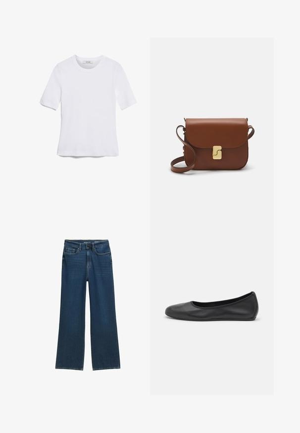 Bijela majica s kratkim rukavima izrađena od rebraste tkanine. Okrugli izrez, klasičan kroj i suptilni detalji šivanja. Bez uzoraka ili grafika.; Široke traperice tamnoplave boje, s pet džepova, dugmetom za zatvaranje i suptilnim detaljima šivanja na šavovima.; Crne kožne baletanke s zaobljenim vrhom, glatke teksture, minimalnim detaljima šavova i fleksibilnim dizajnom potplata.; Smeđa kožna torba s preklopom, zlatnim detaljima, remenom za nošenje preko ramena i glatkom teksturom. Kompaktni pravokutni oblik.