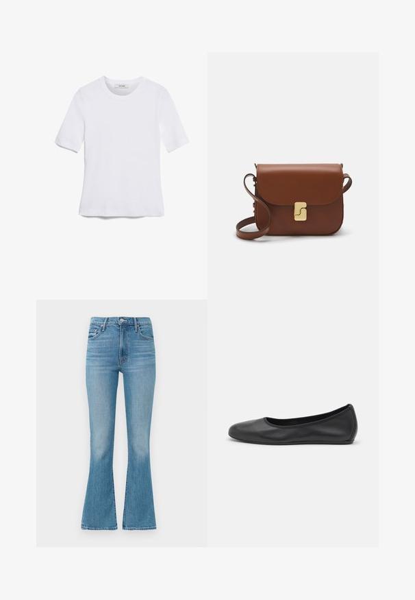 T-shirt de manga curta branca feita de tecido canelado. Decote redondo, ajuste regular e detalhes de costura subtis. Sem padrões ou gráficos.; Calças de ganga azul claro, com corte amplo, feitas de denim, apresentam uma cintura alta, design de cinco bolsos e costuras minimalistas, com um acabamento desbotado na bainha.; Bailarina preta em pele com bico arredondado, textura suave, detalhe de costura minimalista e design de sola flexível.; Bolsa de couro castanho com fecho de aba, decoração em tom dourado, alça de ombro e textura suave. Formato retangular compacto.