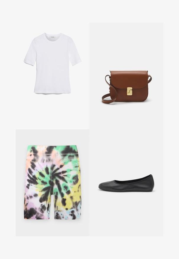 Balta īsām piedurknēm T-krekls, izgatavots no ribota auduma. Apaļš izgriezums, regulāra piegriezuma un diskrēti šuvumu detaļas. Bez printiem vai grafikām.; Kreklu šorti ar saistīto rakstu, kas veidots no pasteļtoņiem: zaļas, rozā, melnas un dzeltenas krāsas. Izgatavoti no mīksta, elastīga auduma.; Melna ādas baleta kurpe ar noapaļotu purngalu, gludu tekstūru, minimālu šuvju detalizāciju un elastīgu zoles dizainu.; Bordo ādas rokas soma ar atloku, zeltītām detaļām, plecu siksnu un gludu virsmu. Kompakta, taisnstūrveida forma.