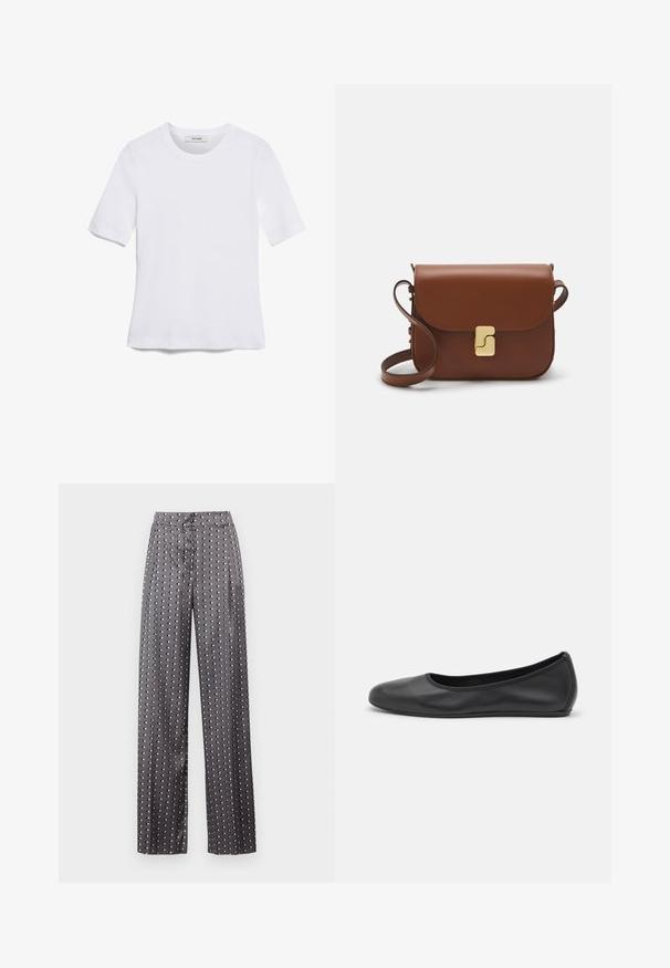 White short-sleeve t-shirt made of ribbed fabric. Round neckline, regular fit, and subtle stitching details. No patterns or graphics.; Gray wide-leg trousers made from satin, featuring a polka dot pattern and a front closure. Smooth texture with a loose fit design.; Black leather ballet flat with a rounded toe, smooth texture, minimal stitching detail, and a flexible sole design.; Brown leather handbag with a flap closure, gold-tone hardware, a shoulder strap, and a smooth texture. Compact rectangular shape.