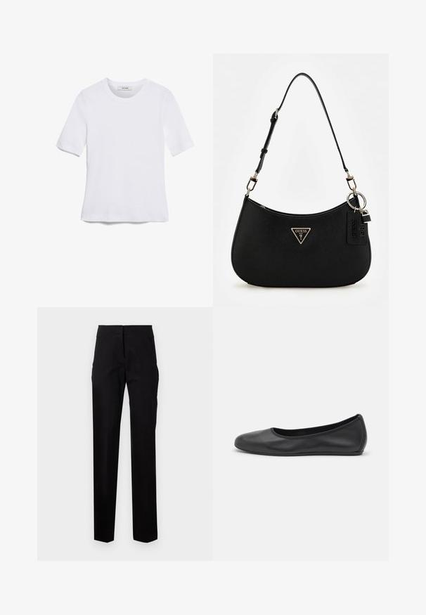 Balta trumpa rankovėmis marškinėliai, pagaminti iš pasiruošusio audinio. Apvali iškirptė, reguliari tinkamumas ir subtilūs siuvimo detalės. Be raštų ar grafikos.; Juodi pritaikyti kelnės su tiesia kojų forma, turinčios lygų priekį, diržo kilpas ir šonines kišenes. Lygus audinys su minimaliais siuvimo detalėmis.; Juodai odiniai baletai su apvaliu pirštu, lygi texture, minimalus siuvimo detales ir lanksčiu padų dizainu.; Juodas sintetinės medžiagos petinės rankinės su lenkta siluetu, tekstūruota apdaila, auksiniu trikampiu logotipu ir nuimamais aksesuarais.