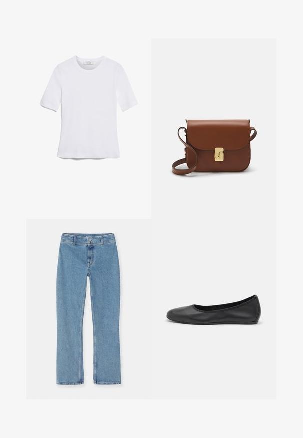 Weißes kurzärmliges T-Shirt aus geripptem Stoff. Runder Halsausschnitt, normale Passform und dezente Nähte. Keine Muster oder Grafiken.; Helle blaue gerade geschnittene Jeans aus Denim mit Knopf- und Reißverschluss, Gürtelschlaufen und Standardnähten auf weißem Hintergrund.; Schwarze Leder-Ballettschuhe mit abgerundeter Spitze, glatter Textur, minimalen Nähdetails und einem flexiblen Sohlen-Design.; Braune Ledertasche mit Klappenverschluss, Beschlägen in Goldfarbe, einem Schultergurt und einer glatten Oberfläche. Kompakte rechteckige Form.