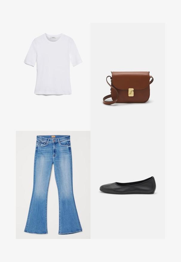 Bílá tričko s krátkým rukávem vyrobené z žebrované tkaniny. Kulatý výstřih, normální střih a jemné detaily šití. Bez vzorů nebo grafik.; Světle modré džíny s rozšířenými nohavicemi, vysokým pasem, pěti kapsami a kontrastním prošíváním. Mají hladkou, jemnou strukturu.; Černé kožené baletní byty s kulatou špičkou, hladkou texturou, minimálními švy a flexibilním designem podrážky.; Hnědá kožená kabelka s klopou, zlatými kovovými detaily, ramenním popruhem a hladkým povrchem. Kompaktní obdélníkový tvar.
