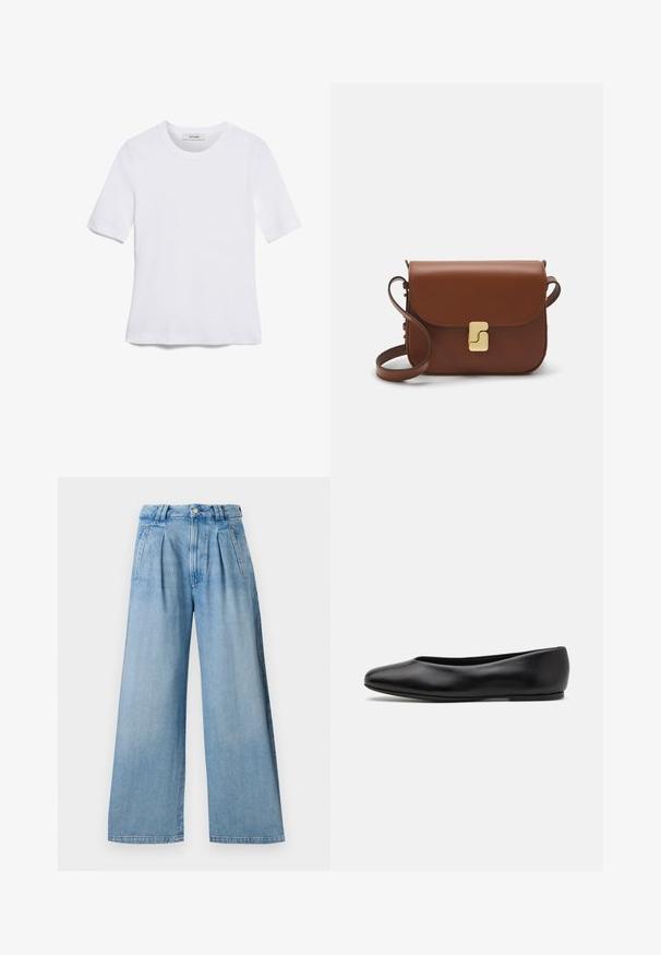 Bela kratka majica s kratkimi rokavi iz rebrastega materiala. Okrogla ovratnica, običajen kroj in subtilni šivi. Brez vzorcev ali grafik.; Svetlo modri široki kavbojke z gubami na pasu, dvema stranskima žepoma in gumbom za zapiranje. Narejene iz denim blaga z gladko teksturo.; Paul Smith TOPANGA - Balerinke - black; Rjava usnjena torbica s poklopcem, zlato obarvani okovi, naramnica in gladka tekstura. Kompaktna pravokotna oblika.