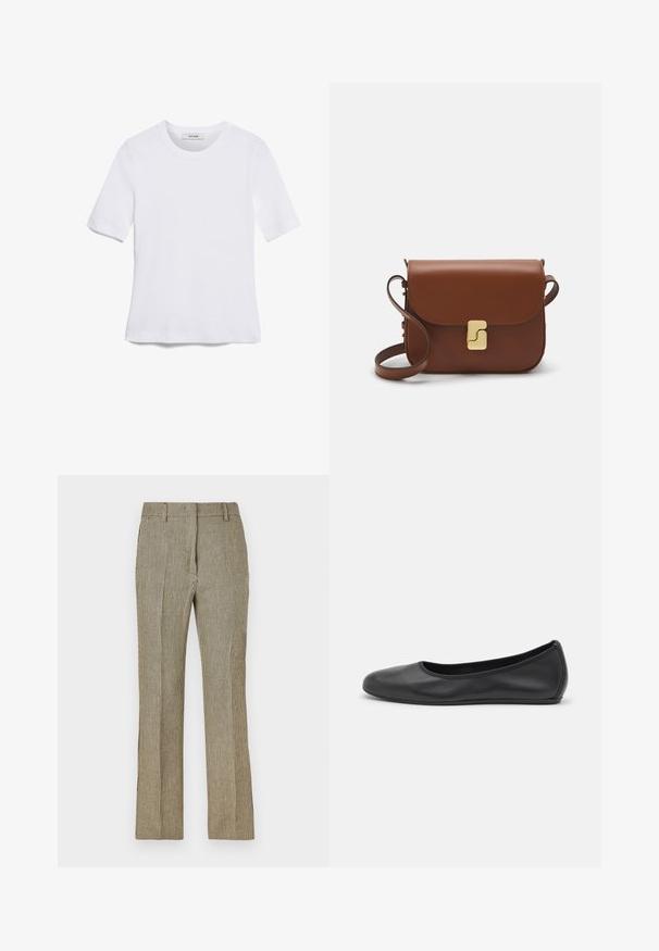 Valkoinen lyhythihainen t-paita, joka on valmistettu ribbytedusta kankaasta. Pyöreä pääntiie, normaali istuvuus ja hienovaraiset ompeluyksityiskohdat. Ei kuvioita tai grafiikkaa.; Beige ja must ruuduline kohandatud pükste paar sirge säärega, millel on vööpaelad ja küljetaskud, valmistatud siledast kangast.; Musta nahkainen ballerina, jossa on pyöristetty kärki, sileä pinta, minimaalinen ommelkoristelu ja joustava pohjamuotoilu.; Ruskea nahkainen käsilaukku, jossa on läppäkiinnitys, kultasävyiset yksityiskohdat, olkahihna ja sileä pinta. Kompaktin suorakaiteen muotoinen.
