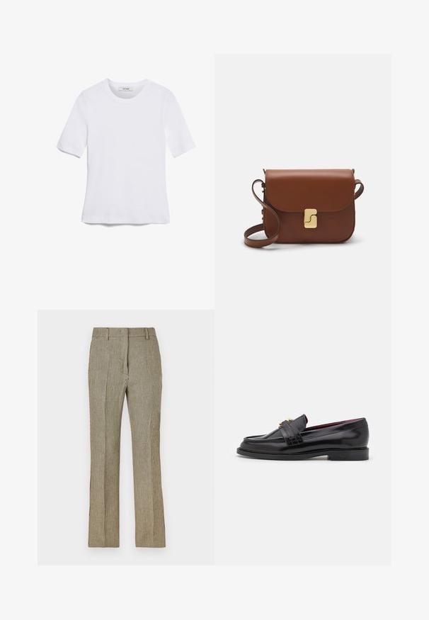 Balta īsām piedurknēm T-krekls, izgatavots no ribota auduma. Apaļš izgriezums, regulāra piegriezuma un diskrēti šuvumu detaļas. Bez printiem vai grafikām.; Bežīgas un melnas ķekaru šūtas bikses ar taisnu kāju, aprīkotas ar jostas cilpiņām un sānu kabatām, izgatavotas no gludas auduma.; Melnas ādas mokasīnas ar izšūtu rakstu, gludu virsmu, zelta sprādzi un noapaļotu purngalu, novietoti uz zemas melnas zoles.; Bordo ādas rokas soma ar atloku, zeltītām detaļām, plecu siksnu un gludu virsmu. Kompakta, taisnstūrveida forma.