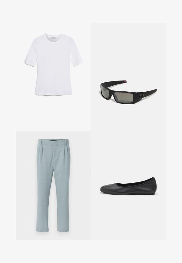 Tricou alb cu mânecă scurtă, confectionat dintr-un material texturat. Gât rotund, tăietură regulară și detalii subtile de cusătură. Fără modele sau grafice.; DRYKORN DISPATCH - Pantaloni - blue; Balerini din piele neagră, cu vârf rotund, textură netedă, detalii de cusătură minimale și un design al tălpii flexibil.; Ochelari de soare negri cu o finisare mată, lentile dreptunghiulare, curbură ușoară pe bănci, detaliu subtil cu logo și lentile cu tentă fumurie.