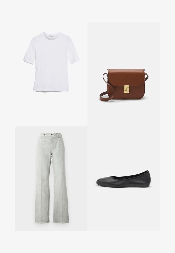 Balta īsām piedurknēm T-krekls, izgatavots no ribota auduma. Apaļš izgriezums, regulāra piegriezuma un diskrēti šuvumu detaļas. Bez printiem vai grafikām.; Gaiši pelēki flared džinsi, izgatavoti no džinsa, ar augstu jostasvietu, piecu kabatu dizainu un gludu apdari ar minimāliem šuvju dekoriem.; Melna ādas baleta kurpe ar noapaļotu purngalu, gludu tekstūru, minimālu šuvju detalizāciju un elastīgu zoles dizainu.; Bordo ādas rokas soma ar atloku, zeltītām detaļām, plecu siksnu un gludu virsmu. Kompakta, taisnstūrveida forma.