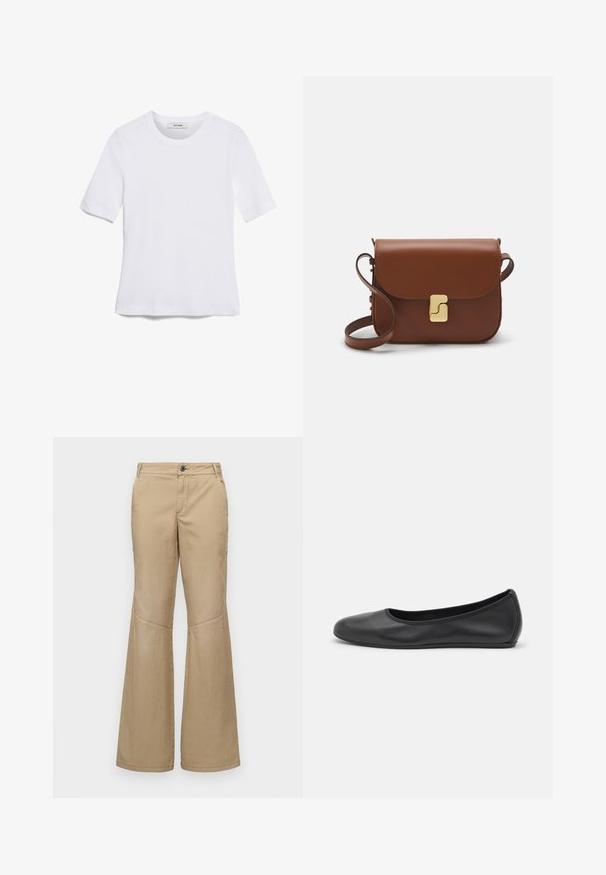 Witte korte mouwen t-shirt van ribstof. Ronde halslijn, normale pasvorm en subtiele stiksels. Geen patronen of grafische elementen.; Beige wijde broek met een knoopsluiting, voor- en zijzakken, en stiksels, gemaakt van een lichte, textuurstof.; Zwarte leren ballerina met een ronde neus, gladde textuur, minimale stikdetails en een flexibele zoolontwerp.; Bruine leren handtas met een klep sluiting, gouden hardware, een schouderband en een gladde textuur. Compact rechthoekige vorm.