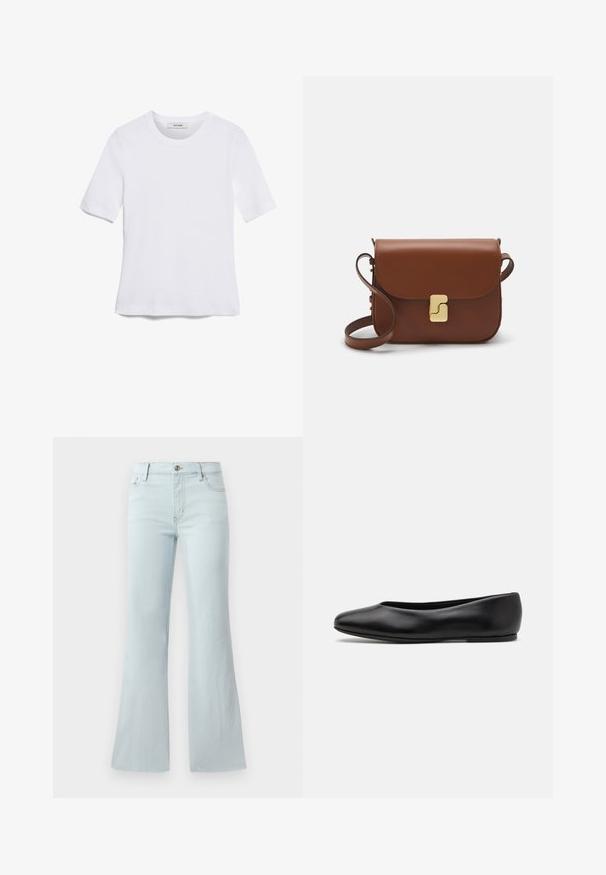 Balta trumpa rankovėmis marškinėliai, pagaminti iš pasiruošusio audinio. Apvali iškirptė, reguliari tinkamumas ir subtilūs siuvimo detalės. Be raštų ar grafikos.; Šviesiai mėlyni džinsai su pleištiniu sijonu, pagaminti iš džinsinio audinio. Turi klasikinį penkių kišenėlių dizainą ir priekinį mygtuko užsegimą. Visas audinys yra lygus.; Paul Smith TOPANGA - Balerinos stiliaus laivutės - black; Ruda odinė rankinė su uždaromu dangteliu, aukso spalvos detalėmis, petneša ir lygiu paviršiumi. Kompaktiška stačiakampio formos.