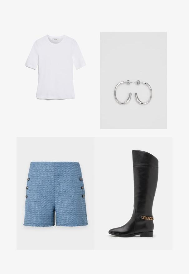Biała koszulka krótki rękaw wykonana z materiału prążkowanego. Okrągły dekolt, regularny krój i subtelne detale szwów. Bez wzorów ani grafik.; Niebieskie szorty tkane z teksturowanej tkaniny, z postrzępionym dołem i czterema dekoracyjnymi guzikami z boku dla dodatkowego akcentu.; Wysokie czarne skórzane botki o eleganckim designie, ze spiczastym noskiem i złotym łańcuszkiem na kostce. Niski blokowy obcas. Gładka tekstura.; Srebrne kolczyki na biglu o gładkim, błyszczącym wykończeniu. O zaokrąglonym kształcie, lekkim designie, z zamknięciem na zatrzask.