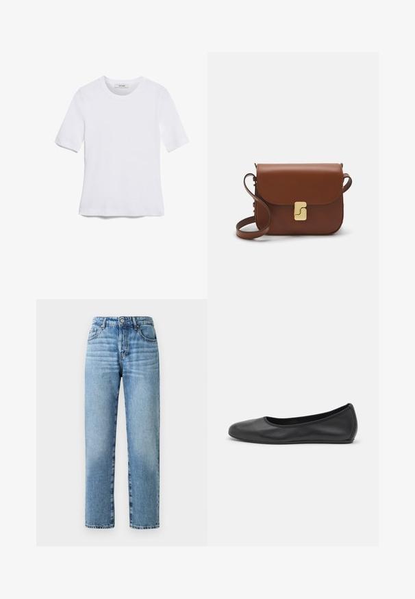 Bílá tričko s krátkým rukávem vyrobené z žebrované tkaniny. Kulatý výstřih, normální střih a jemné detaily šití. Bez vzorů nebo grafik.; Světle modré džíny z denimu s rovným střihem, viditelným šitím, zapínáním na knoflík a pěti kapsami.; Černé kožené baletní byty s kulatou špičkou, hladkou texturou, minimálními švy a flexibilním designem podrážky.; Hnědá kožená kabelka s klopou, zlatými kovovými detaily, ramenním popruhem a hladkým povrchem. Kompaktní obdélníkový tvar.