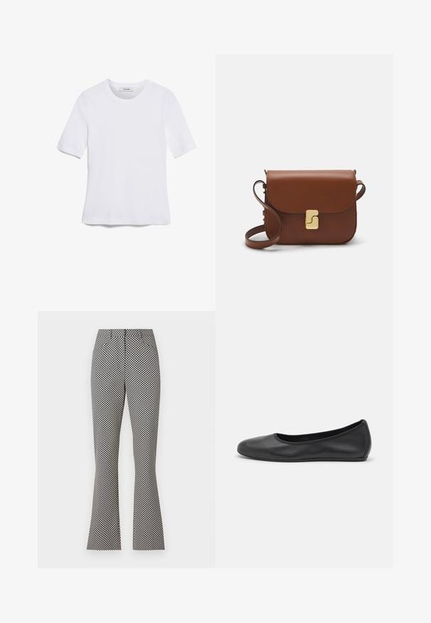 Witte korte mouwen t-shirt van ribstof. Ronde halslijn, normale pasvorm en subtiele stiksels. Geen patronen of grafische elementen.; Uitlopende broeken in een marineblauwe en crèmekleurige geometrische print. Gemaakt van een gestructureerde stof, met een slim fit taille en uitlopende zoom.; Zwarte leren ballerina met een ronde neus, gladde textuur, minimale stikdetails en een flexibele zoolontwerp.; Bruine leren handtas met een klep sluiting, gouden hardware, een schouderband en een gladde textuur. Compact rechthoekige vorm.