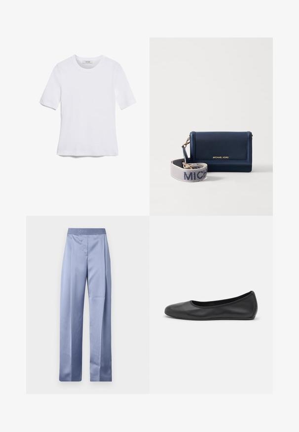 Balta īsām piedurknēm T-krekls, izgatavots no ribota auduma. Apaļš izgriezums, regulāra piegriezuma un diskrēti šuvumu detaļas. Bez printiem vai grafikām.; Gaiši zilas satīna platās bikses ar gludu tekstūru, ar izšūtu jostasvietu, kurā redzams zīmola nosaukums "STINE GOYA".; Melna ādas baleta kurpe ar noapaļotu purngalu, gludu tekstūru, minimālu šuvju detalizāciju un elastīgu zoles dizainu.; Jūras zila ādas maku ar zelta logotipu, kuram ir noņemama siksna ar "MICHAEL" baltā tekstā uz struktūratās fona. Kompakts dizains.