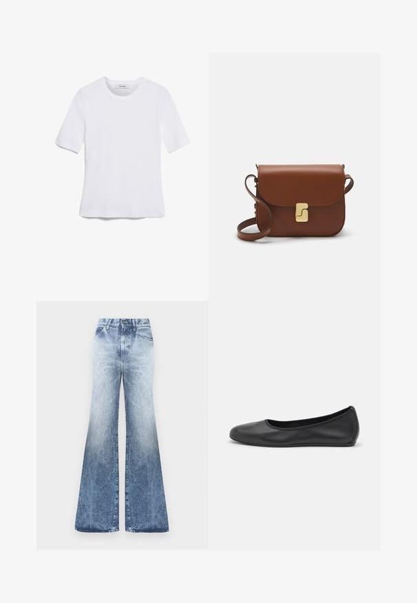 T-shirt de manga curta branca feita de tecido canelado. Decote redondo, ajuste regular e detalhes de costura subtis. Sem padrões ou gráficos.; Jean flared em denim azul desbotado com cintura alta, apresentando um fecho de botão, cinco bolsos e um efeito de lavagem desgastada.; Bailarina preta em pele com bico arredondado, textura suave, detalhe de costura minimalista e design de sola flexível.; Bolsa de couro castanho com fecho de aba, decoração em tom dourado, alça de ombro e textura suave. Formato retangular compacto.