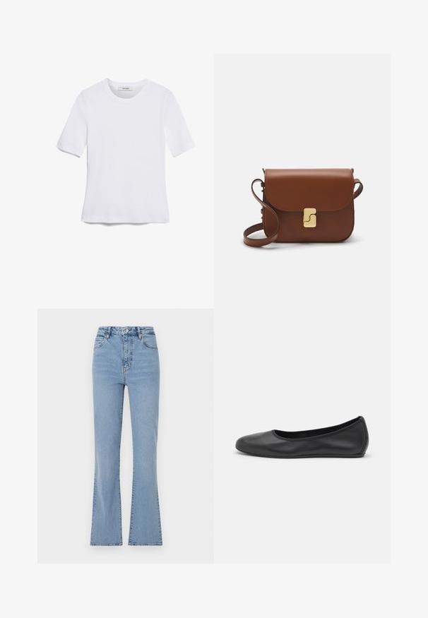 T-shirt blanc à manches courtes en tissu côtelé. Col rond, coupe régulière et détails de couture subtils. Aucune motif ni graphique.; Jeans évasés bleu clair avec une taille haute, fabriqués en denim. Caractéristiques : fermeture à boutons et à zip à l'avant, et couture visible le long des coutures.; Ballerines en cuir noir avec un bout rond, texture lisse, détails de couture minimalistes et design de semelle flexible.; Sac à main en cuir marron avec une fermeture à rabat, des accents en métal doré, une bandoulière et une texture lisse. Forme rectangulaire compacte.