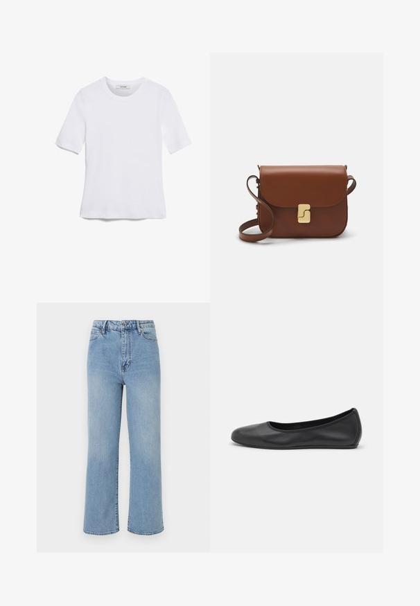 T-shirt blanc à manches courtes en tissu côtelé. Col rond, coupe régulière et détails de couture subtils. Aucune motif ni graphique.; Jean large en denim bleu clair avec une taille haute, un design à cinq poches et des coutures contrastées sur les bords.; Ballerines en cuir noir avec un bout rond, texture lisse, détails de couture minimalistes et design de semelle flexible.; Sac à main en cuir marron avec une fermeture à rabat, des accents en métal doré, une bandoulière et une texture lisse. Forme rectangulaire compacte.