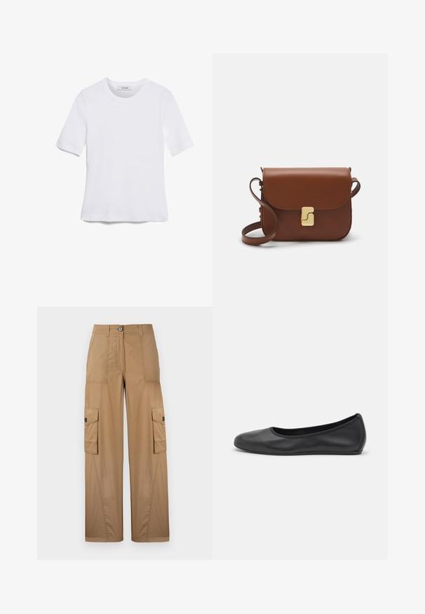 Biela krátka tričko s krátkymi rukávmi vyrobené z rebrovanej látky. Klasický okrúhly výstrih, bežný strih a jemné švy. Bez vzorov alebo grafiky.; Khaki cargo nohavice s širokými nohavicami, ktoré disponujú dvoma bočnými vreckami, zapínaním na gombík a hladkou, odolnou textúrou látky.; Čierne kožené baleríny s okrúhlou špičkou, hladkým povrchom, minimálnym prešívaním a flexibilným dizajnom podrážky.; Hnedá kožená kabelka s klopou, zlatými kovovými prvkami, ramenným popruhom a hladkým povrchom. Kompaktný obdĺžnikový tvar.