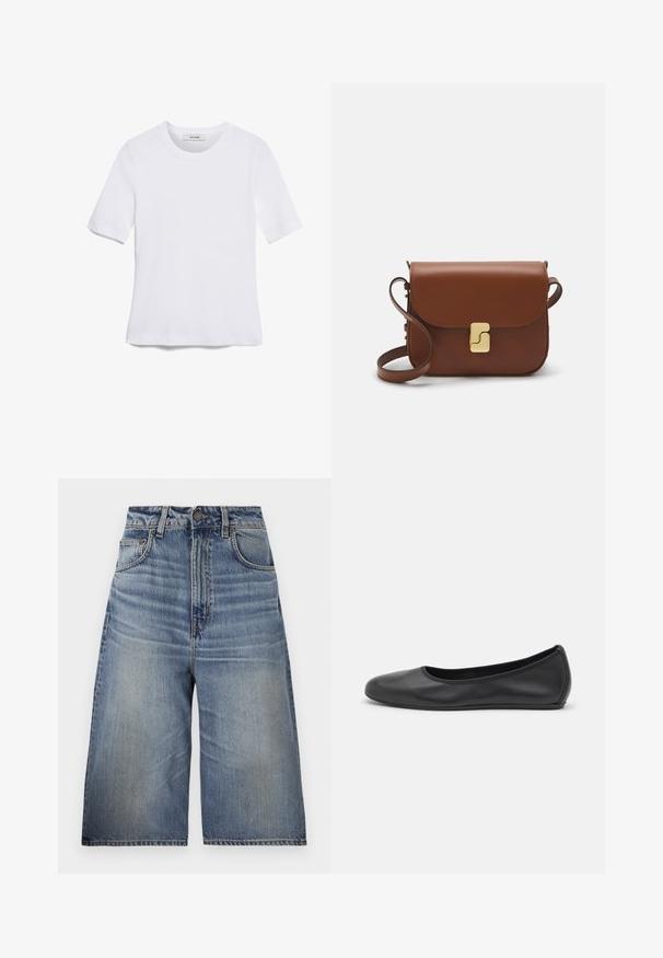 T-shirt bianca a maniche corte realizzata in tessuto a costine. Collo rotondo, vestibilità regolare e dettagli di cucitura sottili. Senza motivi o grafiche.; Culotte in denim blu con vita alta, taglio rilassato, lavaggio azzurro chiaro, tasche frontali, cuciture visibili e chiusura con bottone in vita.; Pantofole da balletto nere in pelle con punta arrotondata, texture liscia, dettagli di cucitura minimi e design con suola flessibile.; Borsa a tracolla in pelle marrone con chiusura a pattina, hardware color oro, tracolla e una finitura liscia. Forma rettangolare compatta.