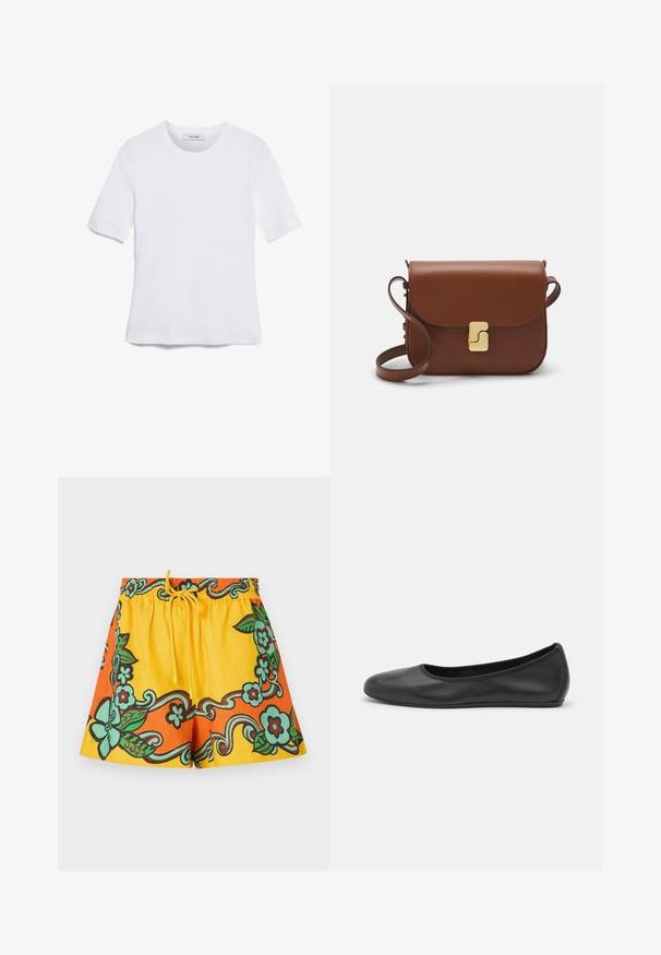 Bílá tričko s krátkým rukávem vyrobené z žebrované tkaniny. Kulatý výstřih, normální střih a jemné detaily šití. Bez vzorů nebo grafik.; Žluté a oranžové kraťasy s květinovými vzory v zelené a hnědé barvě. Elastický pas se šňůrkou, vyrobené z lehkého materiálu.; Černé kožené baletní byty s kulatou špičkou, hladkou texturou, minimálními švy a flexibilním designem podrážky.; Hnědá kožená kabelka s klopou, zlatými kovovými detaily, ramenním popruhem a hladkým povrchem. Kompaktní obdélníkový tvar.